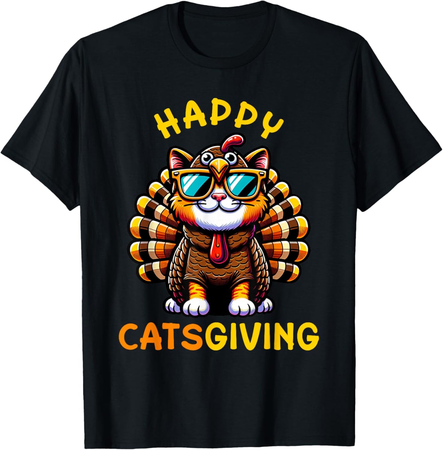 Happy Catsgiving Thanksgiving Funny Turkey Cat Men Women Girls Kids T-Shirt - T-Shirt | Black