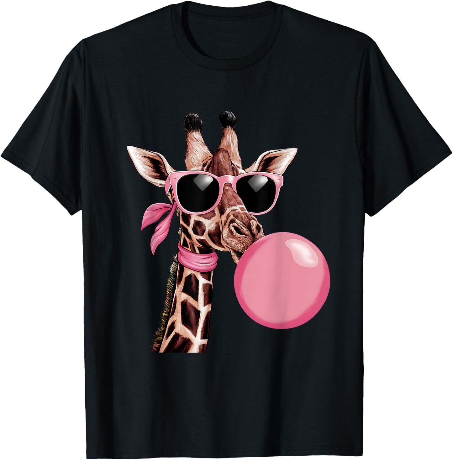 Funny Cute Giraffe Pink Bubble Gum and Pink Sunglasses T-Shirt - T-Shirt | Black