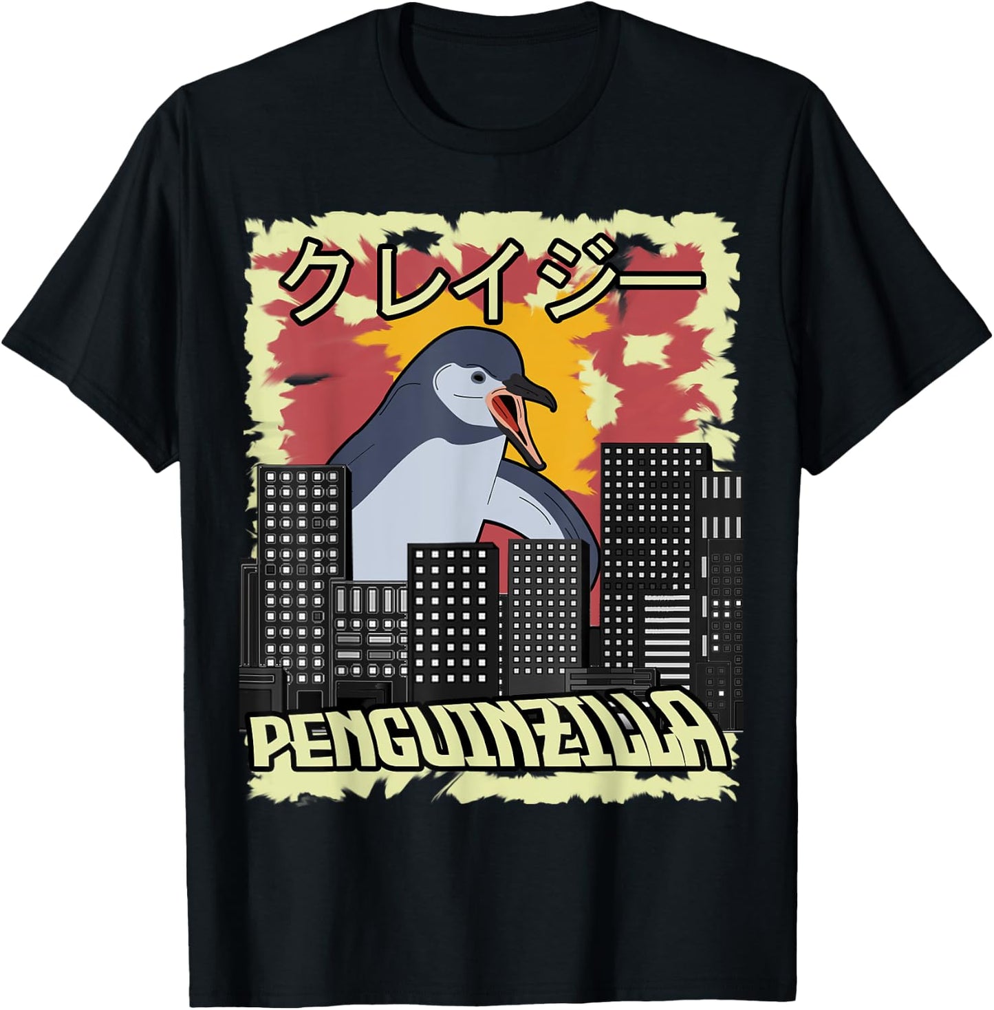Penguinzilla Lunatic Penguin Demolishing Zilla Japanese Gift T-Shirt - T-Shirt | Black