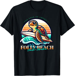 Folly Beach South Carolina Loggerhead Sea Turtle Retro Sun Women Kids T-Shirt - T-Shirt | Black