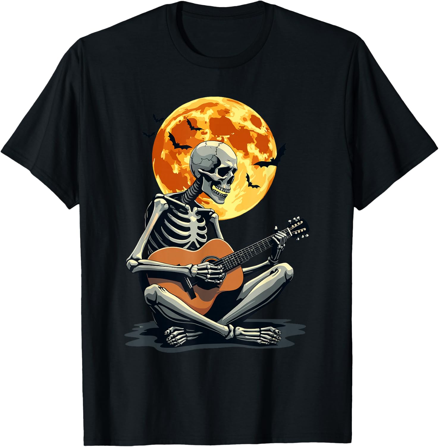 Skeleton Playing Guitar & Funny Halloween | Music & Moon T-Shirt - T-Shirt | Black