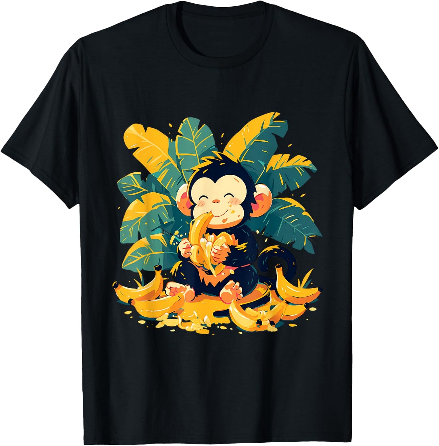 Banana Monkey Cute Monkey Nature Colourful Wildlife T-Shirt - T-Shirt | Black