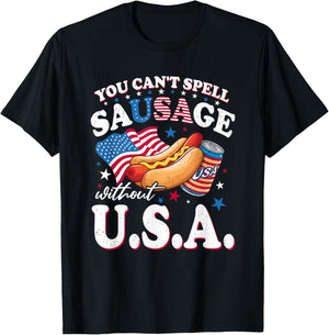 You Can't Spell Sausage Without USA Flag Patriotic Sausage T-Shirt - T-Shirt | Black