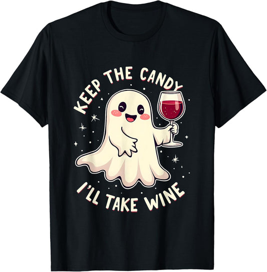 Keep The Candy I'll Take Wine Funny Halloween Ghost Wine T-Shirt - T-Shirt | Black