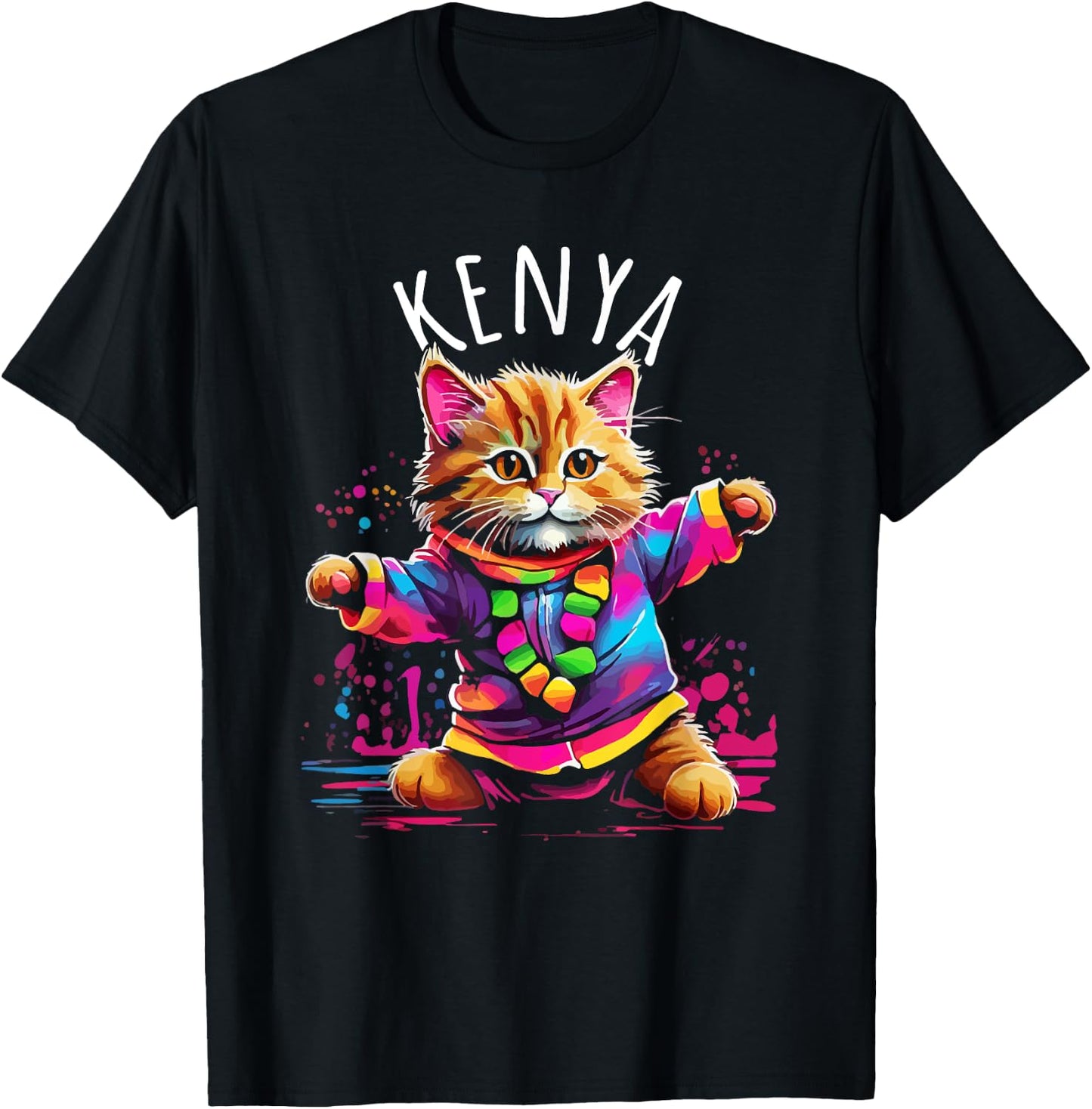 Kenya Quirky Funny Cute Colorful Dancing Cat Design T-Shirt - T-Shirt | Black