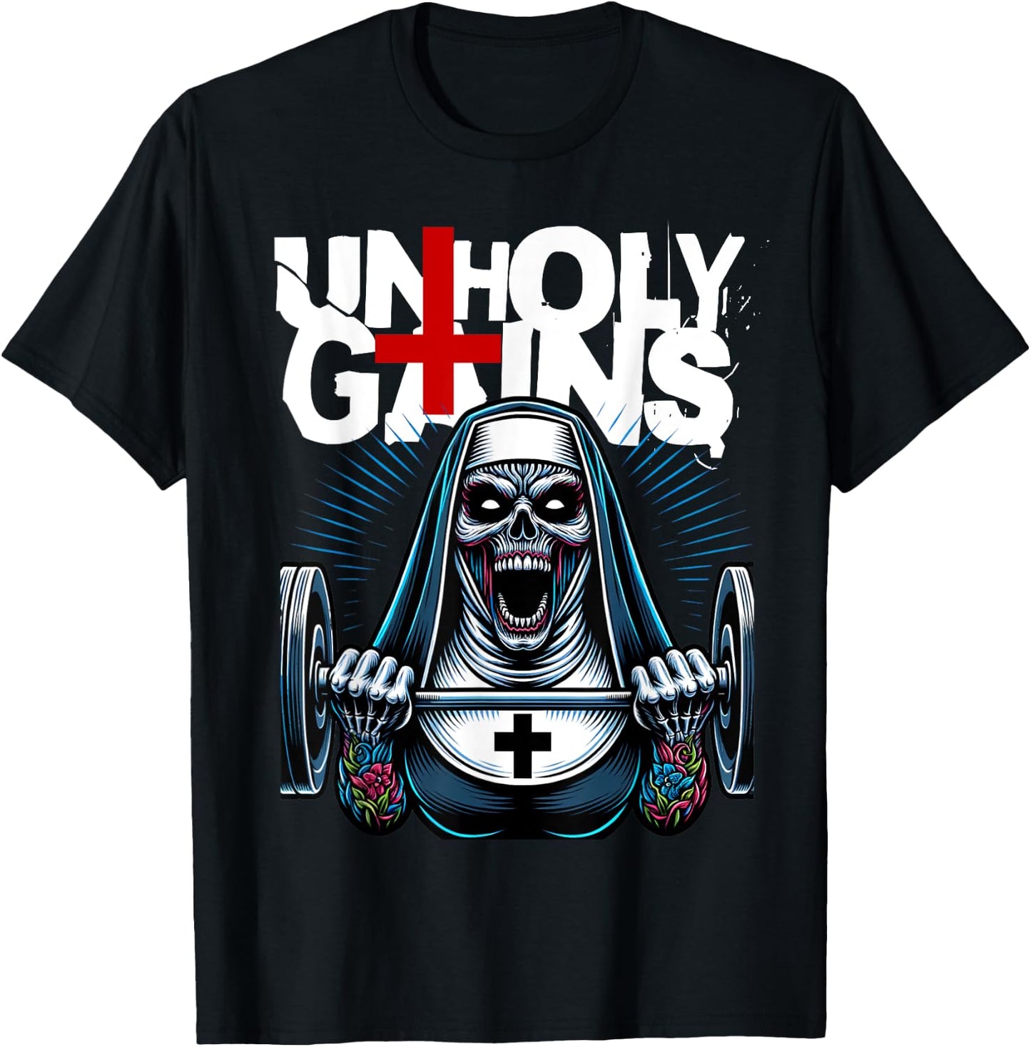 Unholy Gains Satanic Workout Devil Worship Nun Lifting T-Shirt - T-Shirt | Black