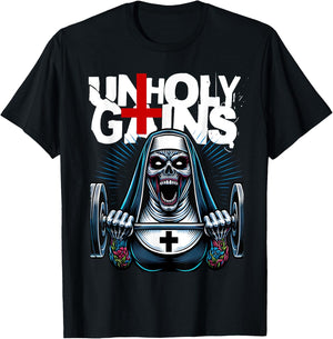 Unholy Gains Satanic Workout Devil Worship Nun Lifting T-Shirt - T-Shirt | Black