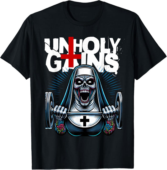 Unholy Gains Satanic Workout Devil Worship Nun Lifting T-Shirt - T-Shirt | Black