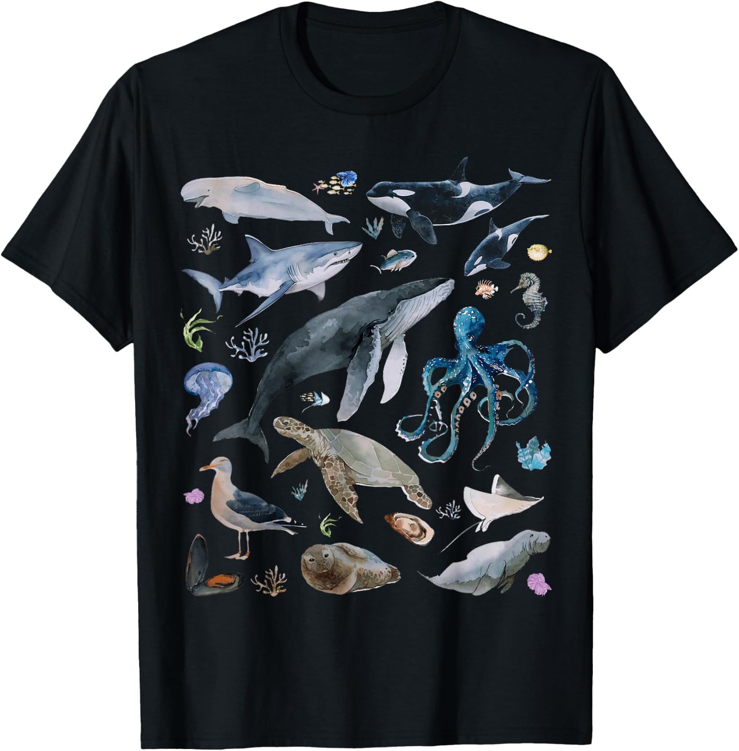 Vintage Ocean Animal Wildlife Shark Turtle Octopus Fish T-Shirt - T-Shirt | Black