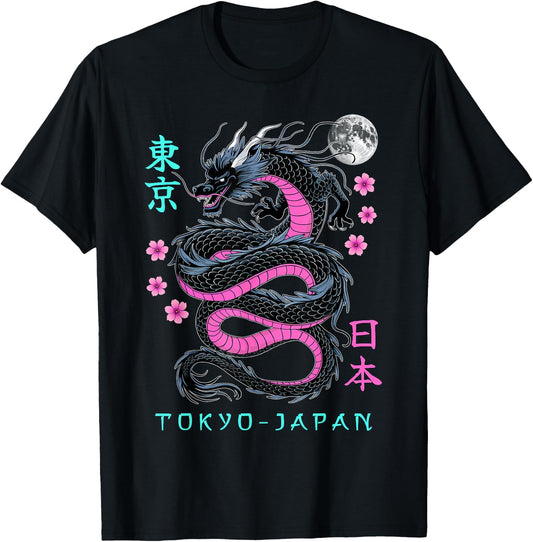 Japanese Dragon Tokyo Japan 80's Asian Mythical Anime Tattoo T-Shirt - T-Shirt | Black
