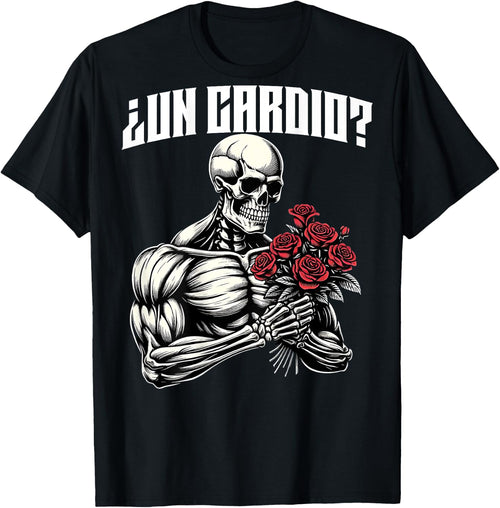 Un cardio? Espalda. Calaca con flores rosas, calacas gym