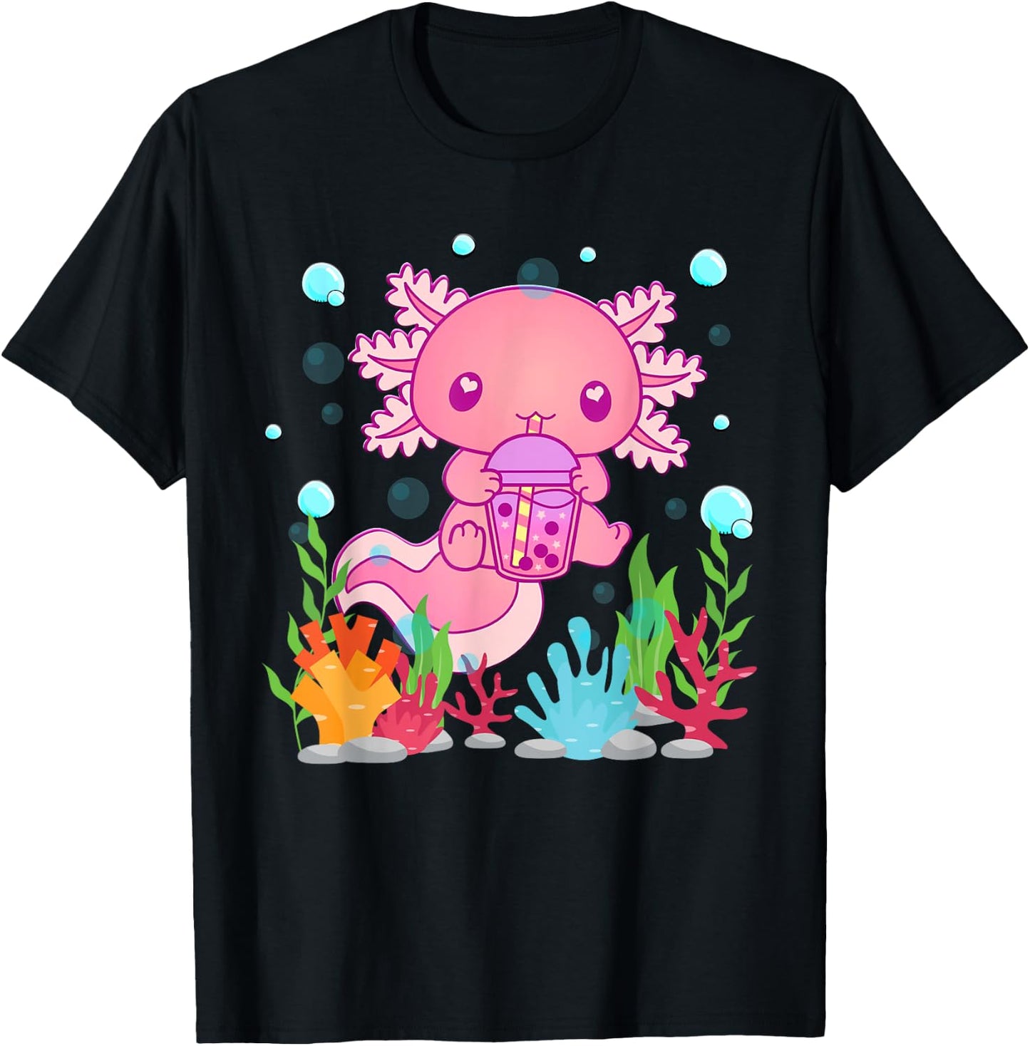 Cute Axolotl Boba Tea Kawaii Anime Teen Girls Kids Boys T-Shirt - T-Shirt | Black