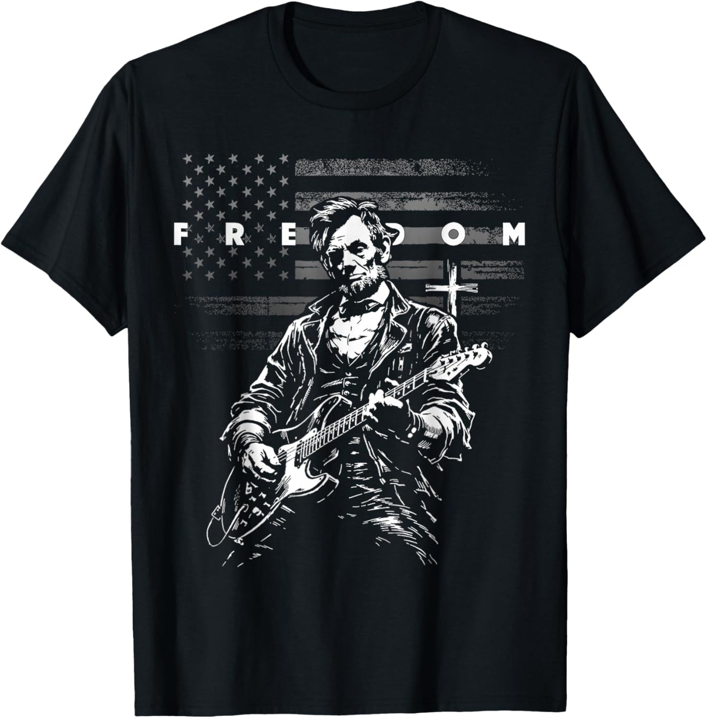 American Flag and Cross Faith Freedom Abe Lincoln Guitar T-Shirt - T-Shirt | Black