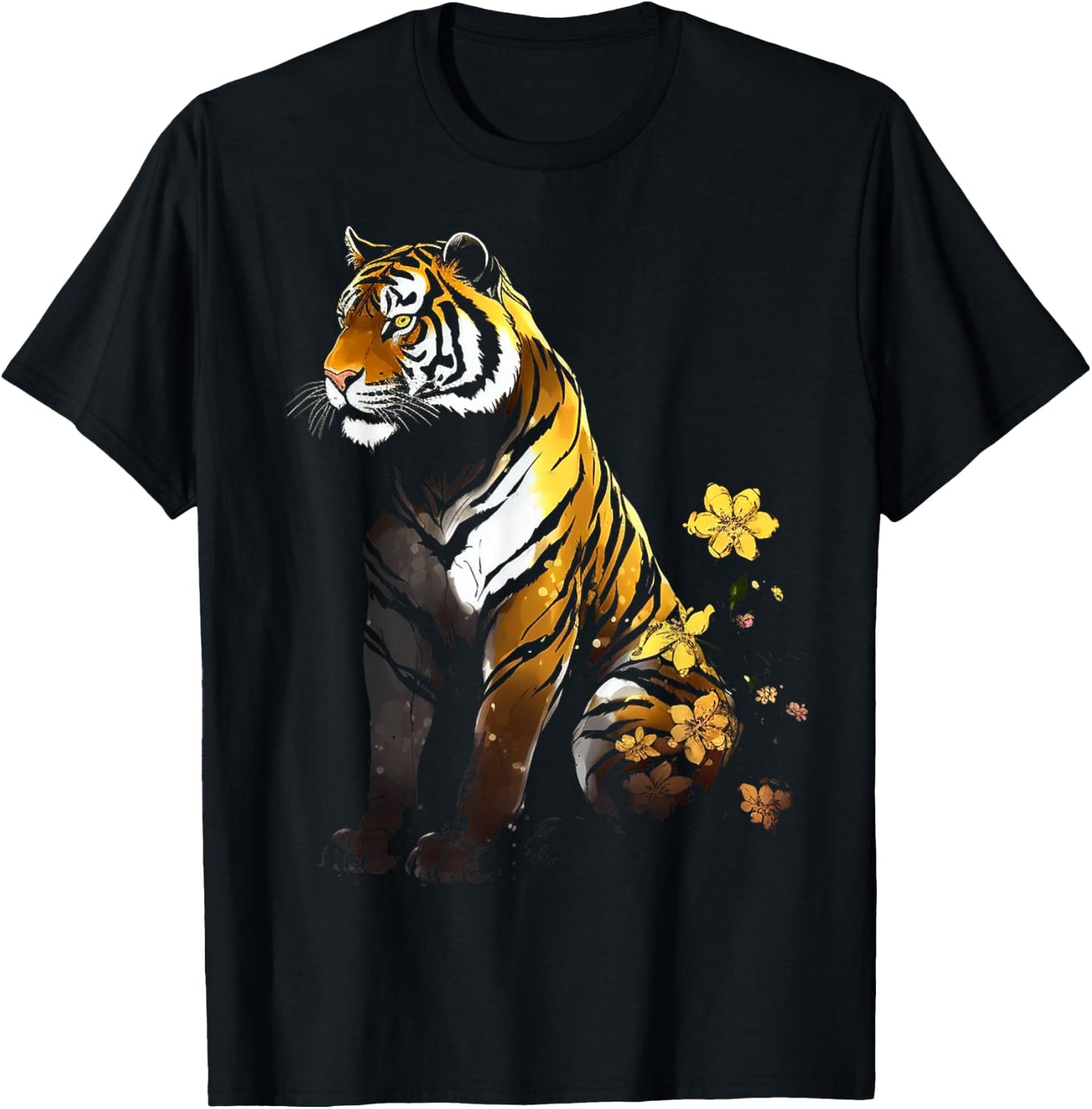 Tiger Artwork Flowers - Animal Art Tiger T-Shirt - T-Shirt | Black