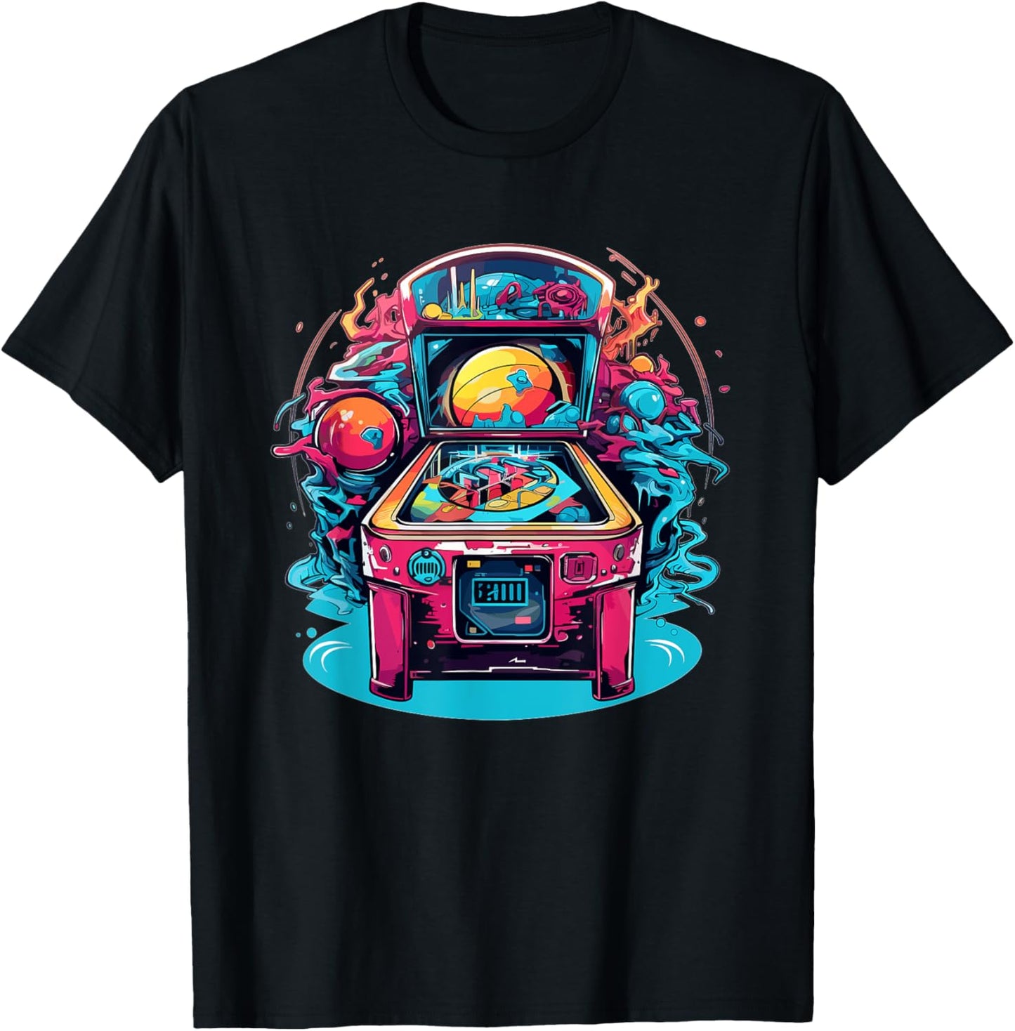 Vibrant Cosmic Pinball Machine Adventure T-Shirt - T-Shirt | Black