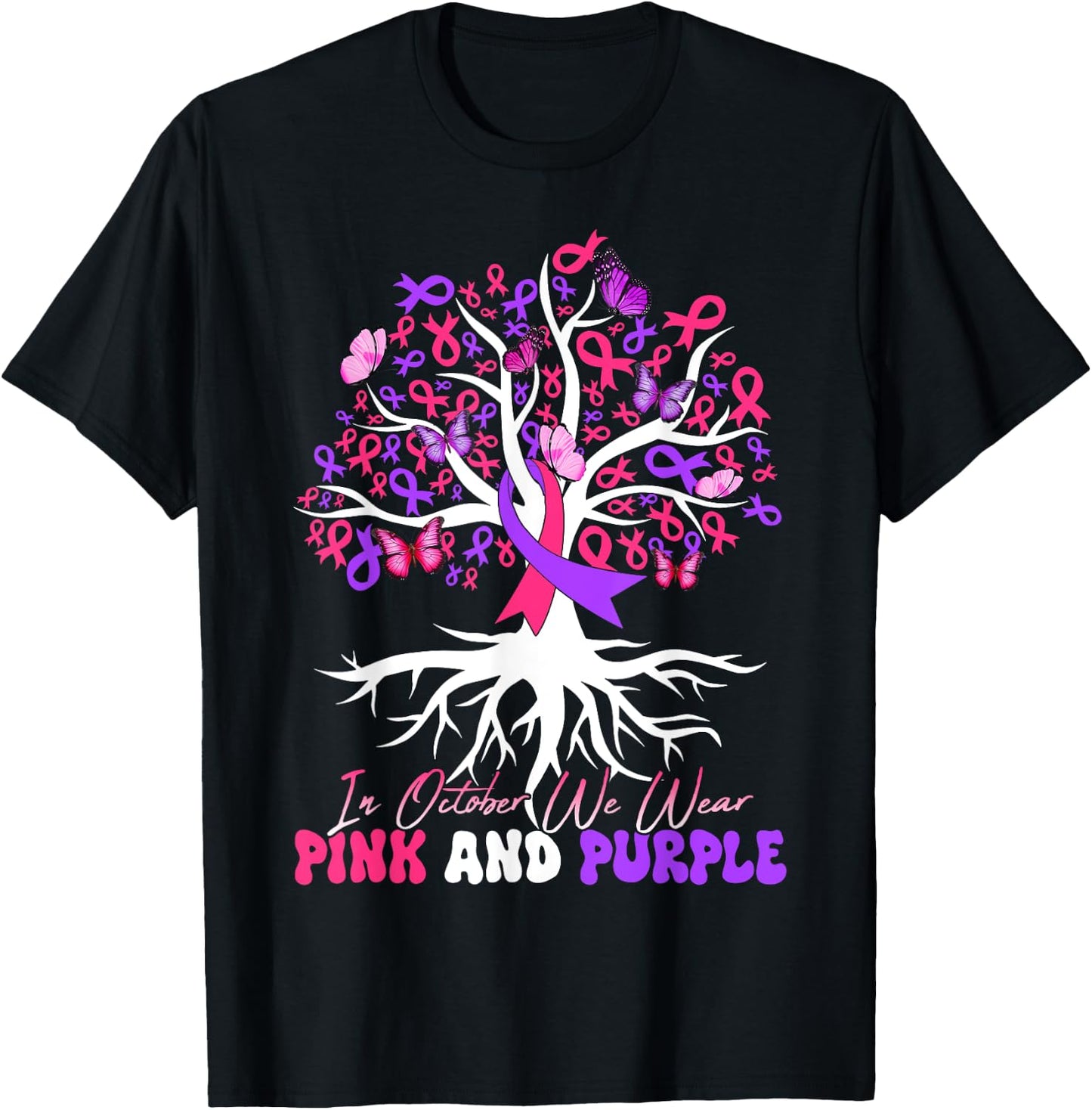 Domestic Violence Breast Cancer Awareness Month Ribbon Tree T-Shirt - T-Shirt | Black