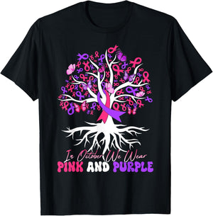 Domestic Violence Breast Cancer Awareness Month Ribbon Tree T-Shirt - T-Shirt | Black