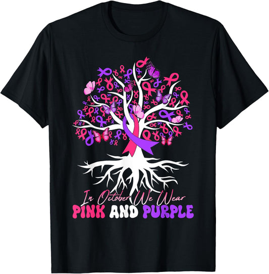 Domestic Violence Breast Cancer Awareness Month Ribbon Tree T-Shirt - T-Shirt | Black