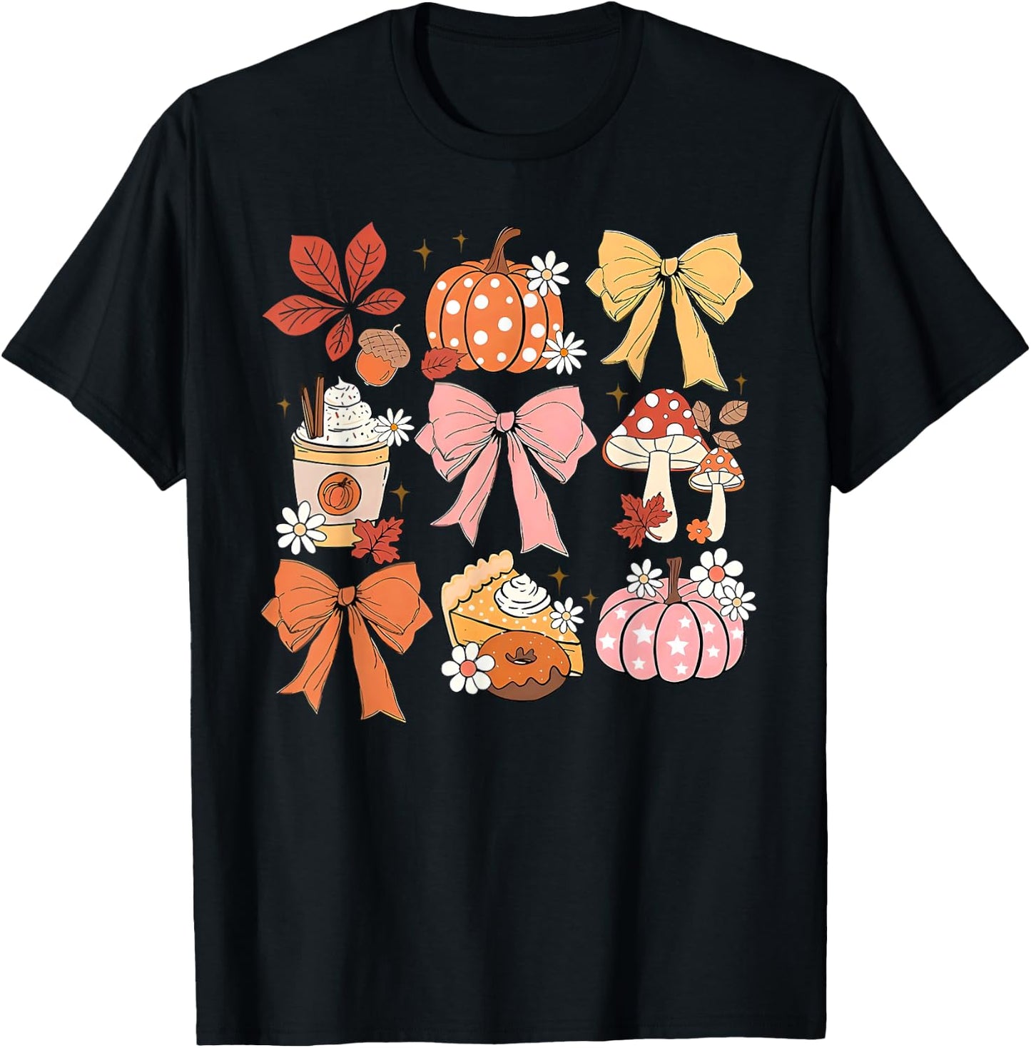 Coquette Bow Pumpkin Season Thanksgiving Autumn Fall Leaves T-Shirt - T-Shirt | Black