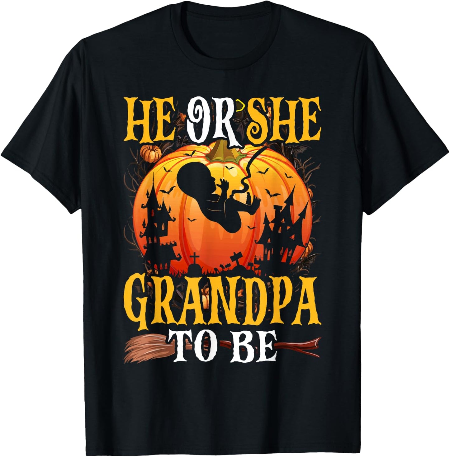 Halloween Gender Reveal He or She Grandpa To Be Pumpkin T-Shirt - T-Shirt | Black