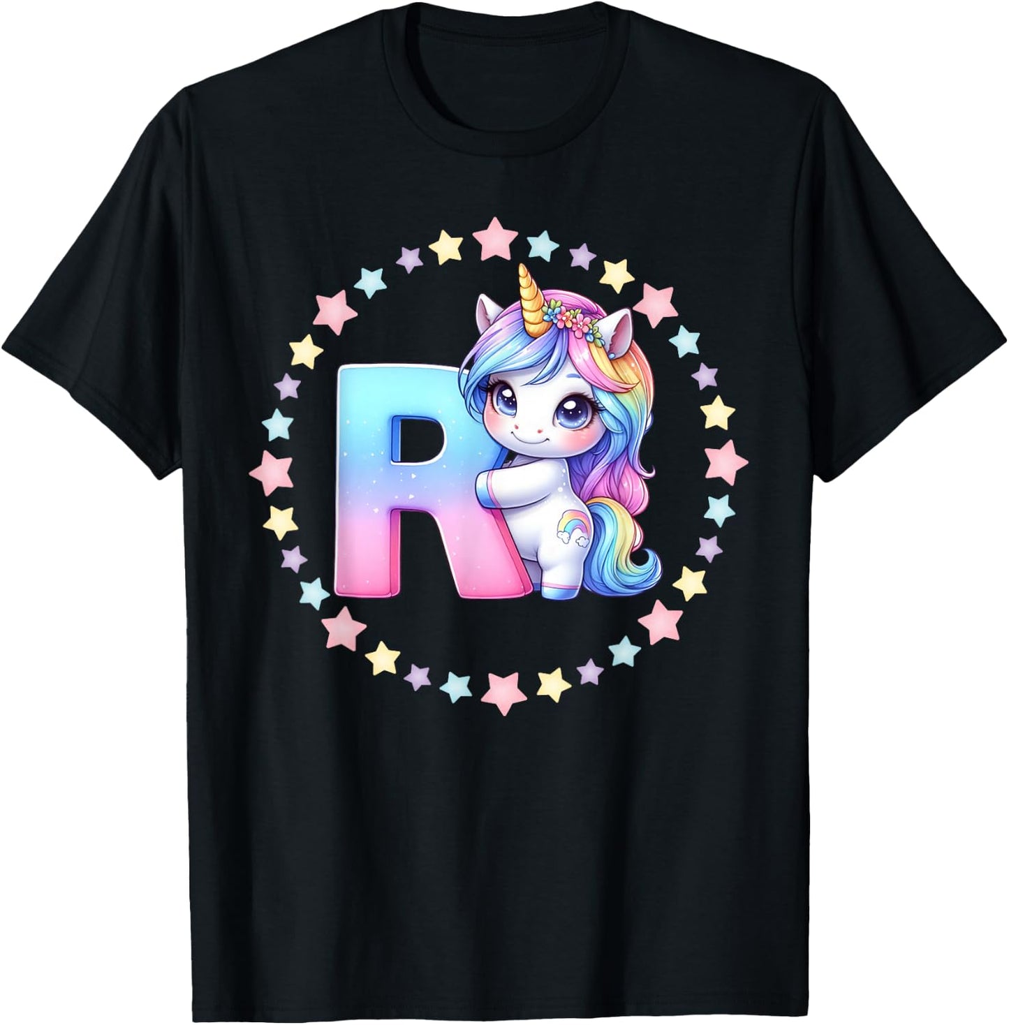 Unicorn Letter R Initial Rainbow Monogram Women Girls Kids T-Shirt - T-Shirt | Black