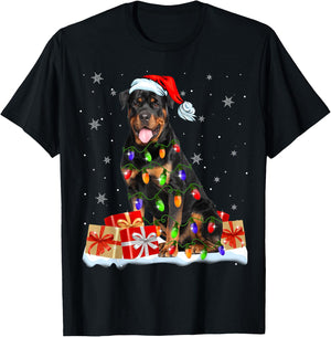 Rottweiler Santa Christmas Tree Light Xmas Puggy Lover Gifts T-Shirt - T-Shirt | Black
