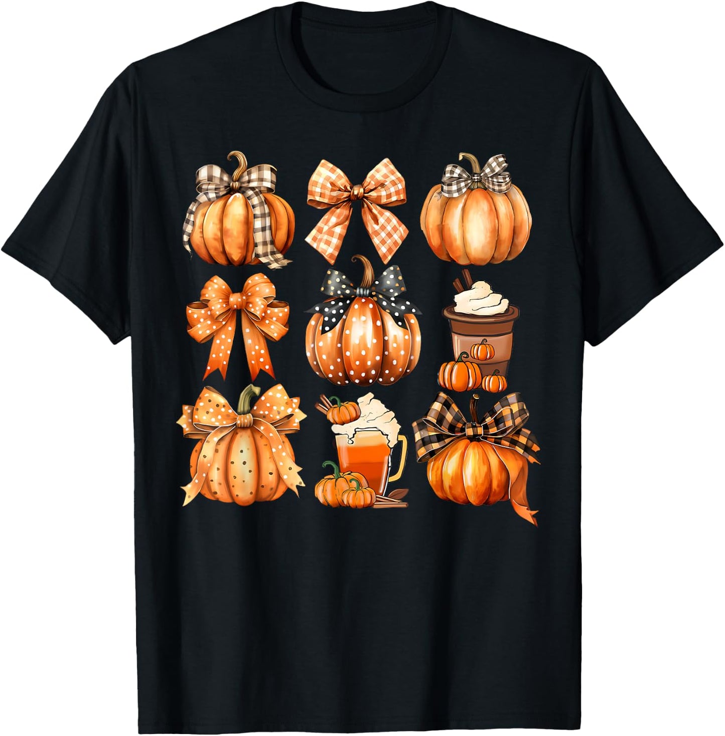 Retro Thanksgiving Pumpkin Coquette Bow Pumpkin Spice Plaid T-Shirt - T-Shirt | Black