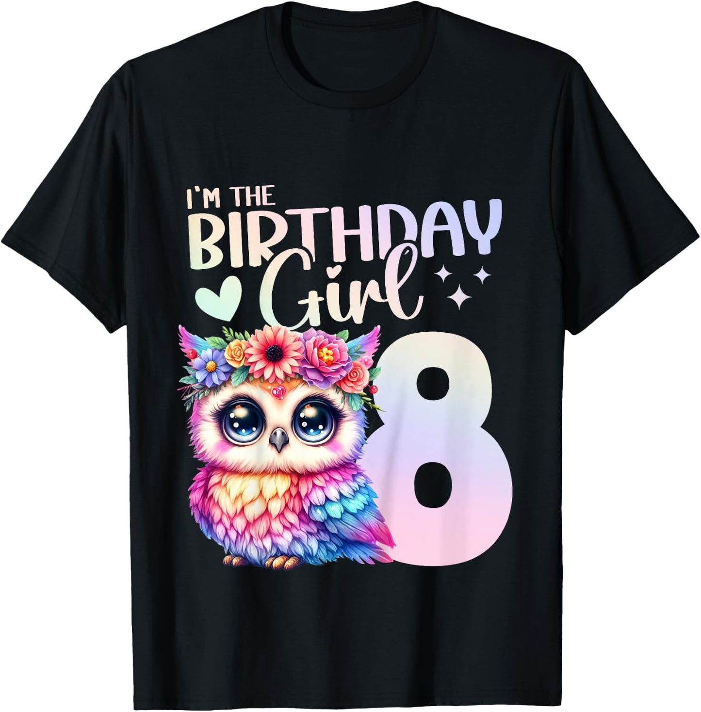 8th Birthday Owl 8 Years Eight Finally 8 Birthday Girl T-Shirt - T-Shirt | Black
