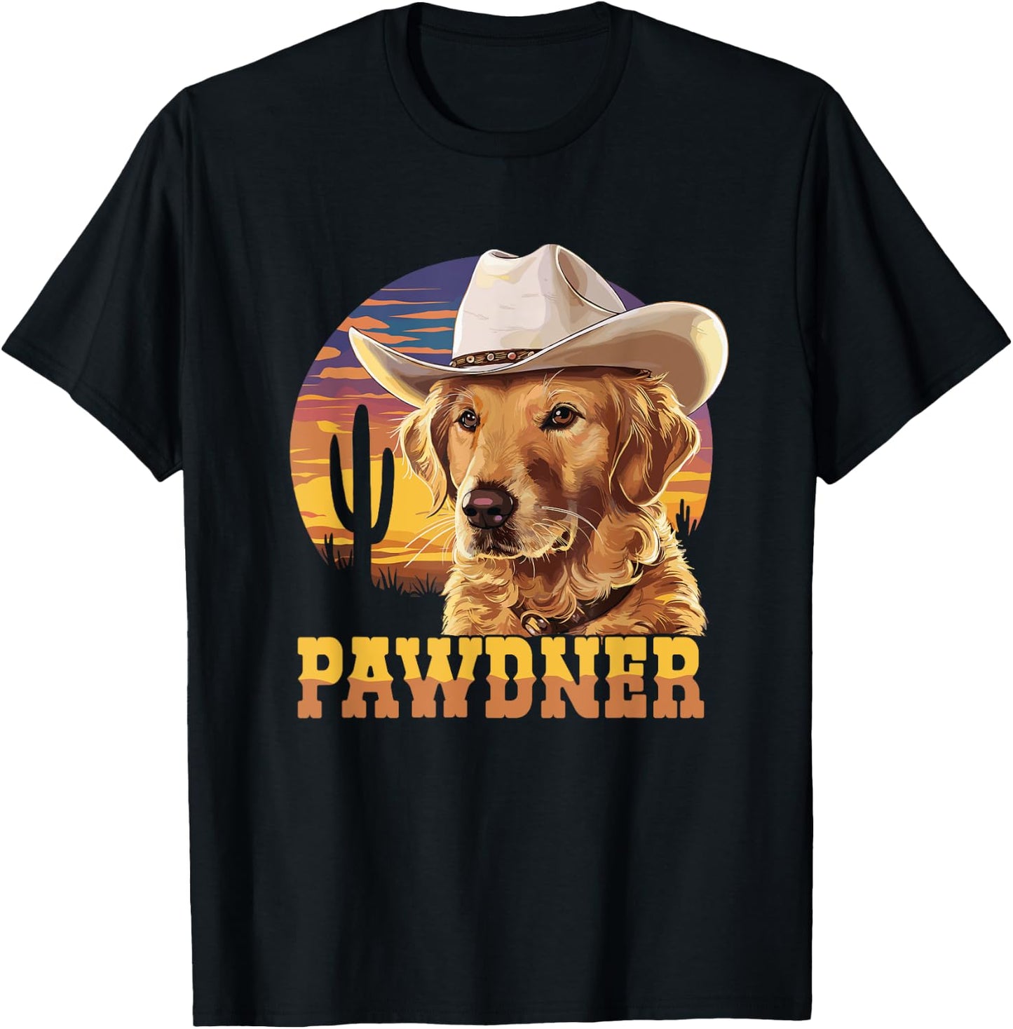 Pawdner Western Sunset Golden Retriever Cowboy Hat Dog Mom T-Shirt - T-Shirt | Black