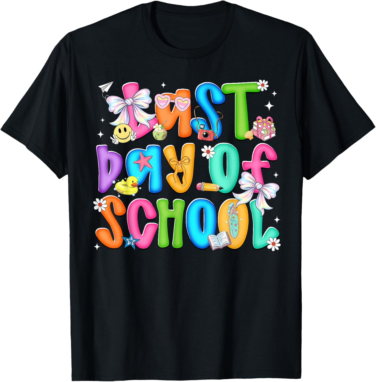 Last Day of School Colorful Coquette Bow Teacher Kids Girls T-Shirt - T-Shirt | Black