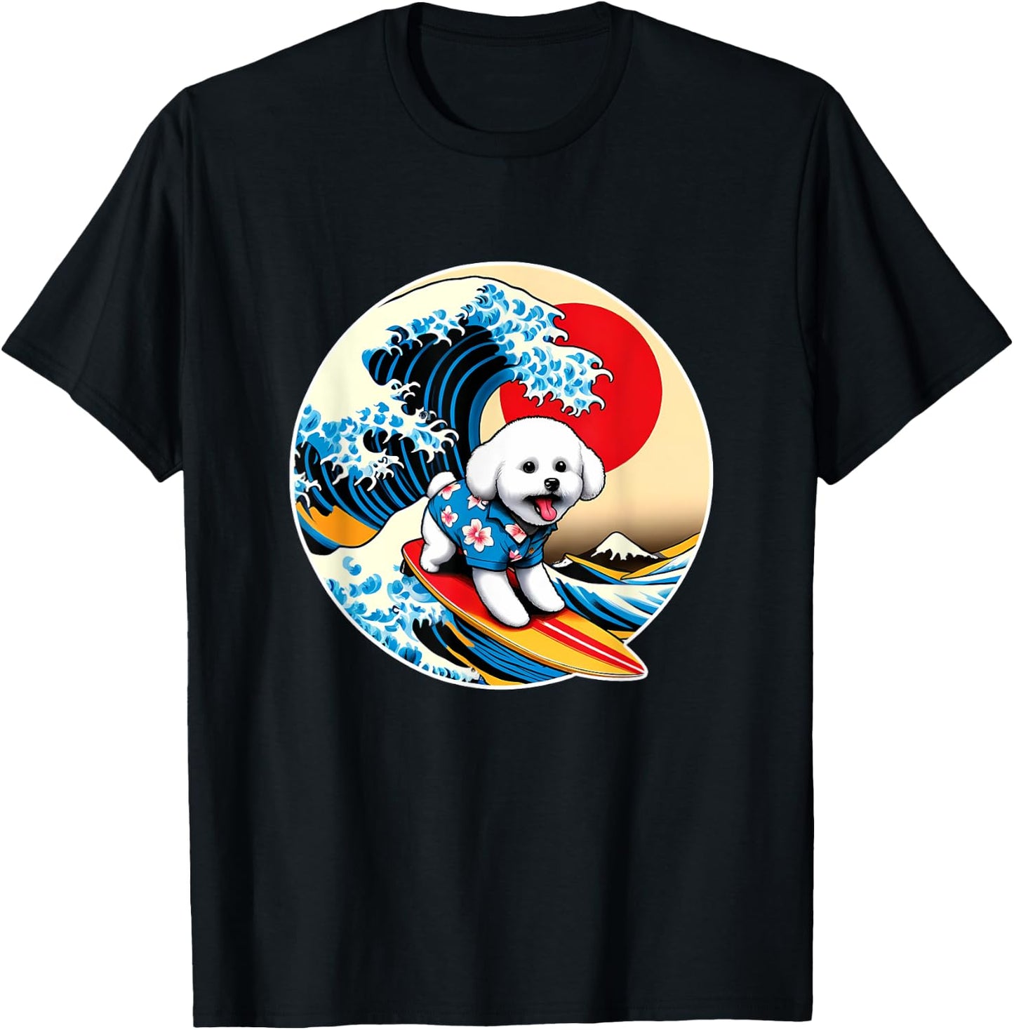 Great Wave Kanagawa Bichon Frise Dog Surfing T-Shirt - T-Shirt | Black