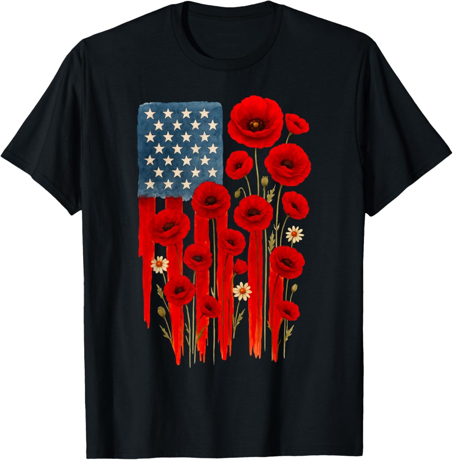 Poppy Flower Veterans Day USA Flag Memorial Day 4TH Of July T-Shirt - T-Shirt | Black