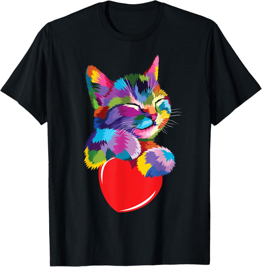 Cute Colorful Cat Hug Heart Art for Lover Cats Kitty Kitten T-Shirt - T-Shirt | Black