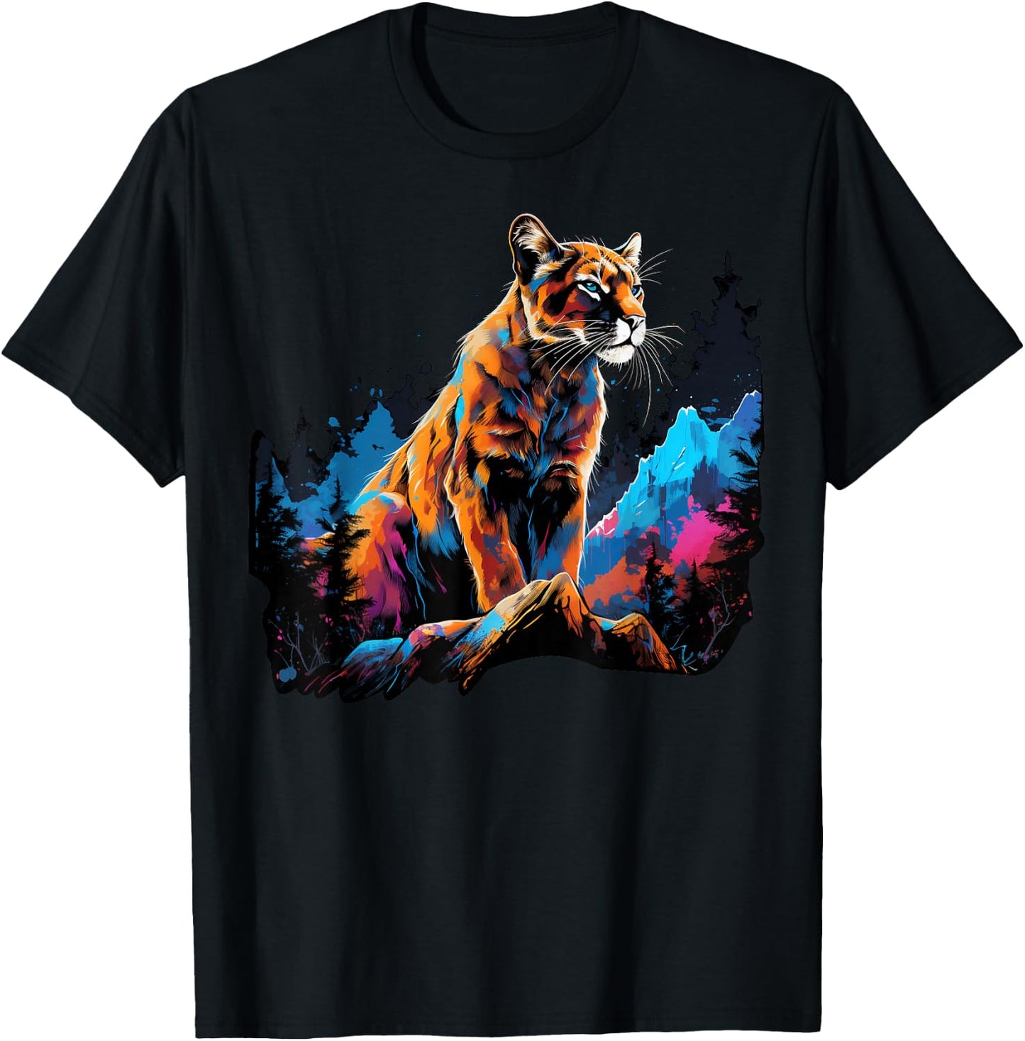 Cool Lion Cougar on colorful painted Mountain Lion Cougar T-Shirt - T-Shirt | Black