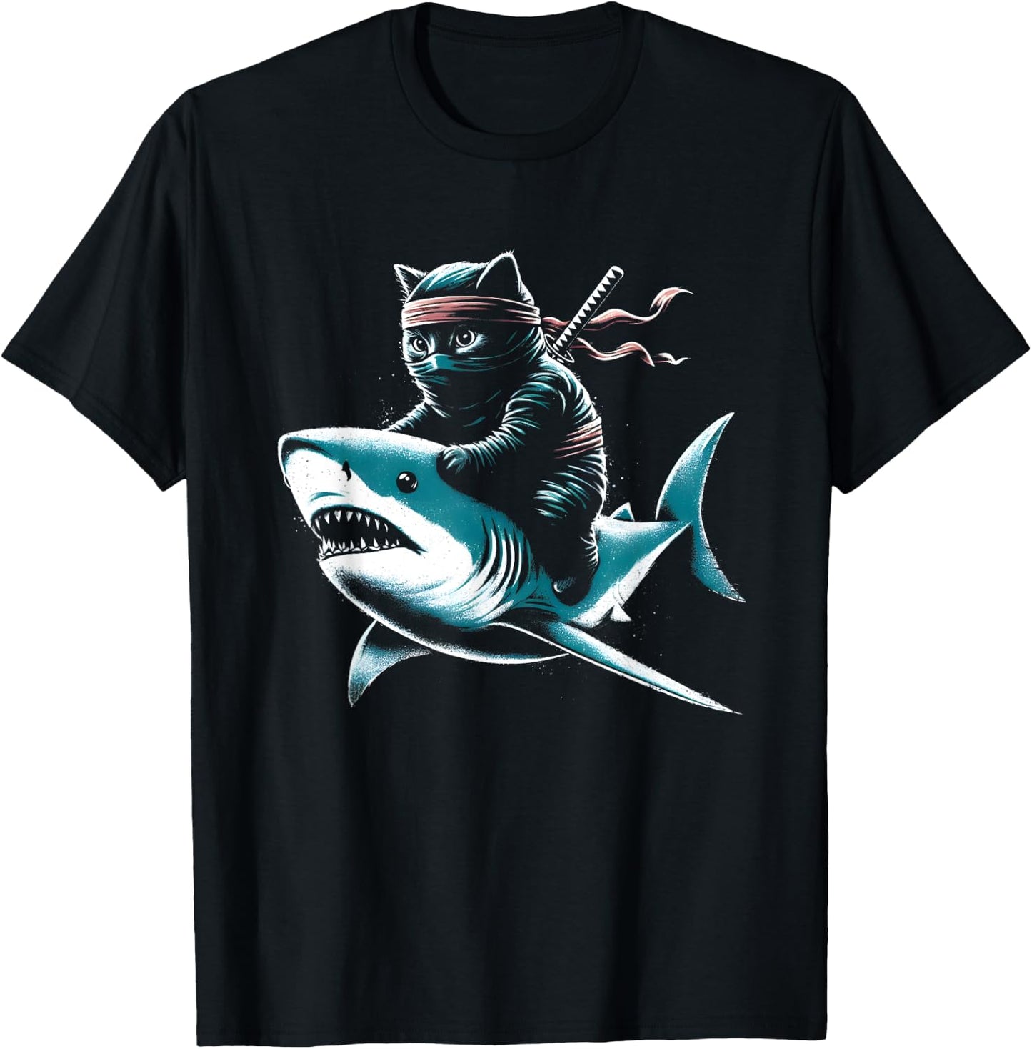Ninja Cat Riding Shark - Funny Graphic Cat Kitten Lover Women Kids T-Shirt - T-Shirt | Black