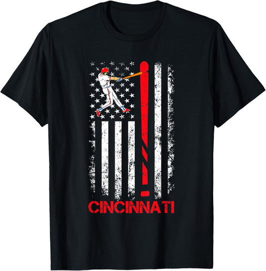 Vintage Cincinnati Baseball American US Flag Premium T-Shirt - T-Shirt | Black