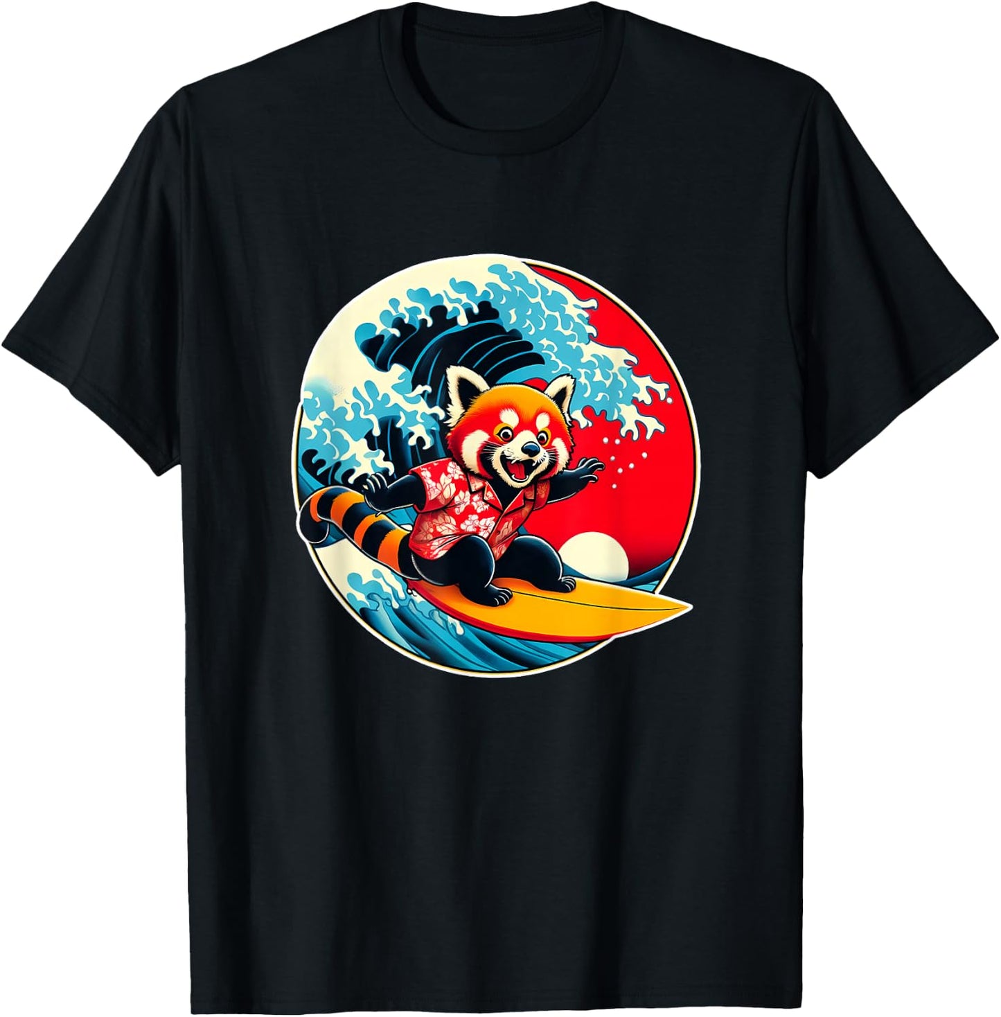 Great Wave Kanagawa Red Panda Surfing T-Shirt - T-Shirt | Black