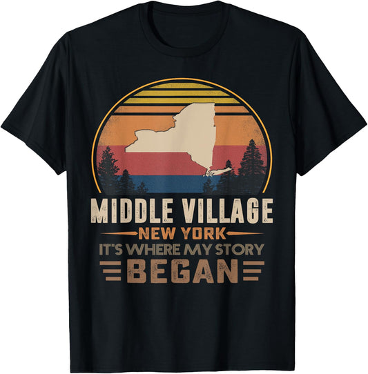 Vintage Middle Village New York Hometown My Story Began T-Shirt - T-Shirt | Black