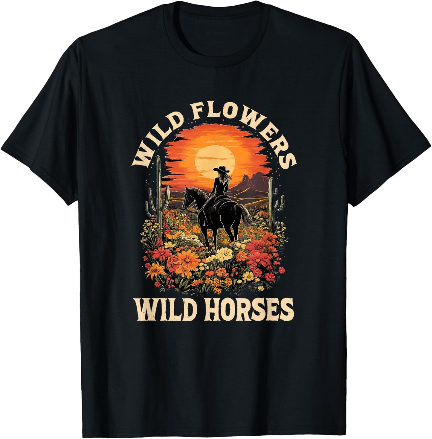 Western Sunset Cowgirl Riding Horse Wild Flowers Wild Horses T-Shirt - T-Shirt | Black