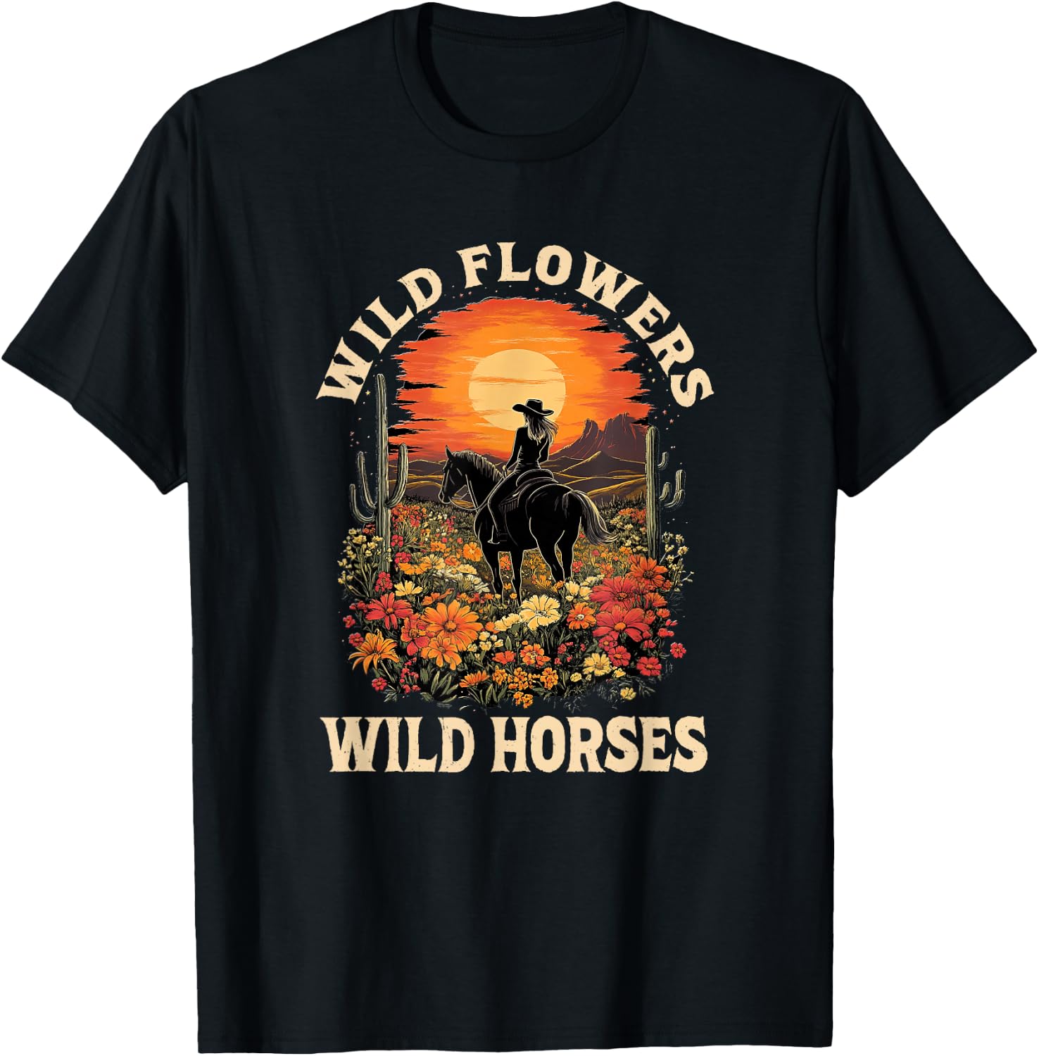 Western Sunset Cowgirl Riding Horse Wild Flowers Wild Horses T-Shirt - T-Shirt | Black