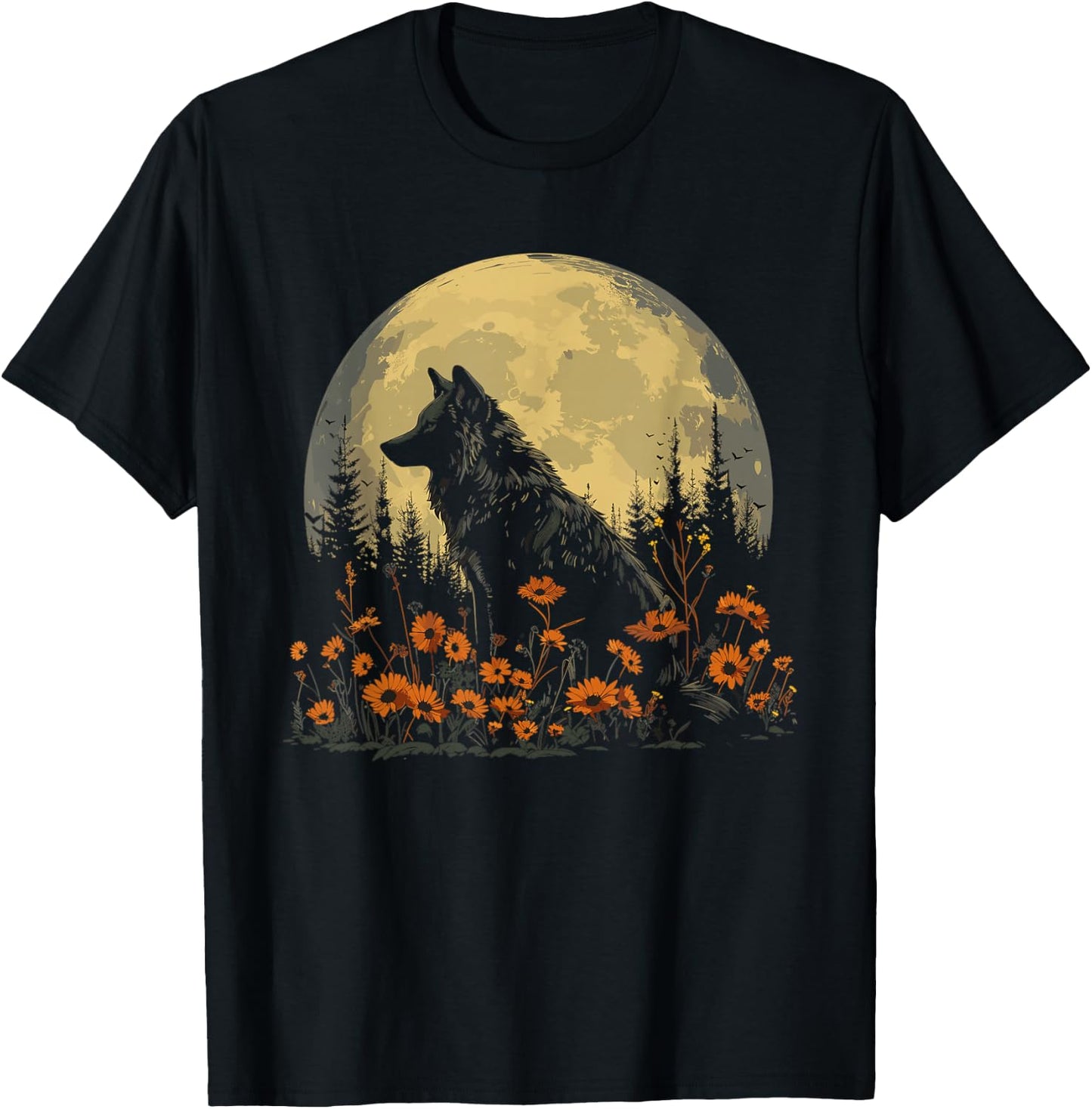 Wolf Floral Full Moon Wolves Flowers T-Shirt - T-Shirt | Black
