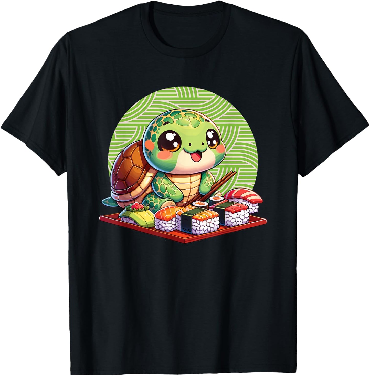 Red Eared Slider Eating Sushi, Kawaii Red Eared Slider T-Shirt - T-Shirt | Black
