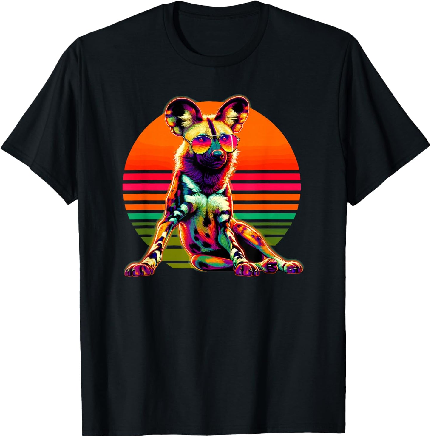 Retro Sunset Sunglasses African Wild Dog Painted Dog T-Shirt - T-Shirt | Black