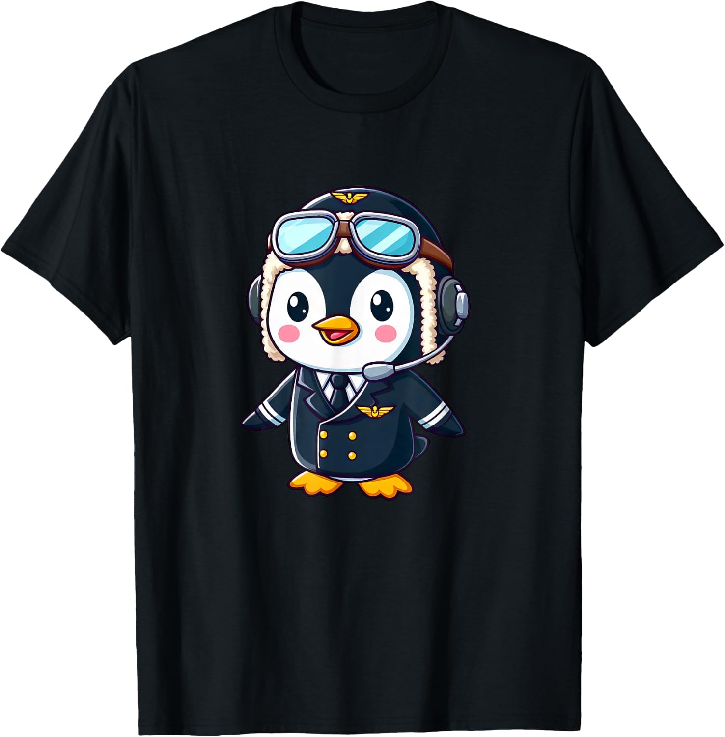Penguin Cartoon Pilot Flying Airplane T-Shirt - T-Shirt | Black