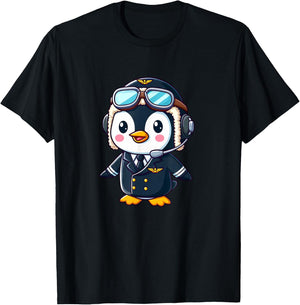 Penguin Cartoon Pilot Flying Airplane T-Shirt - T-Shirt | Black
