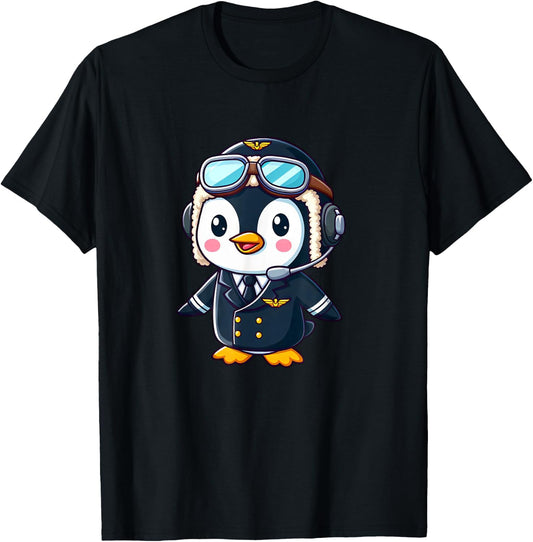 Penguin Cartoon Pilot Flying Airplane T-Shirt - T-Shirt | Black