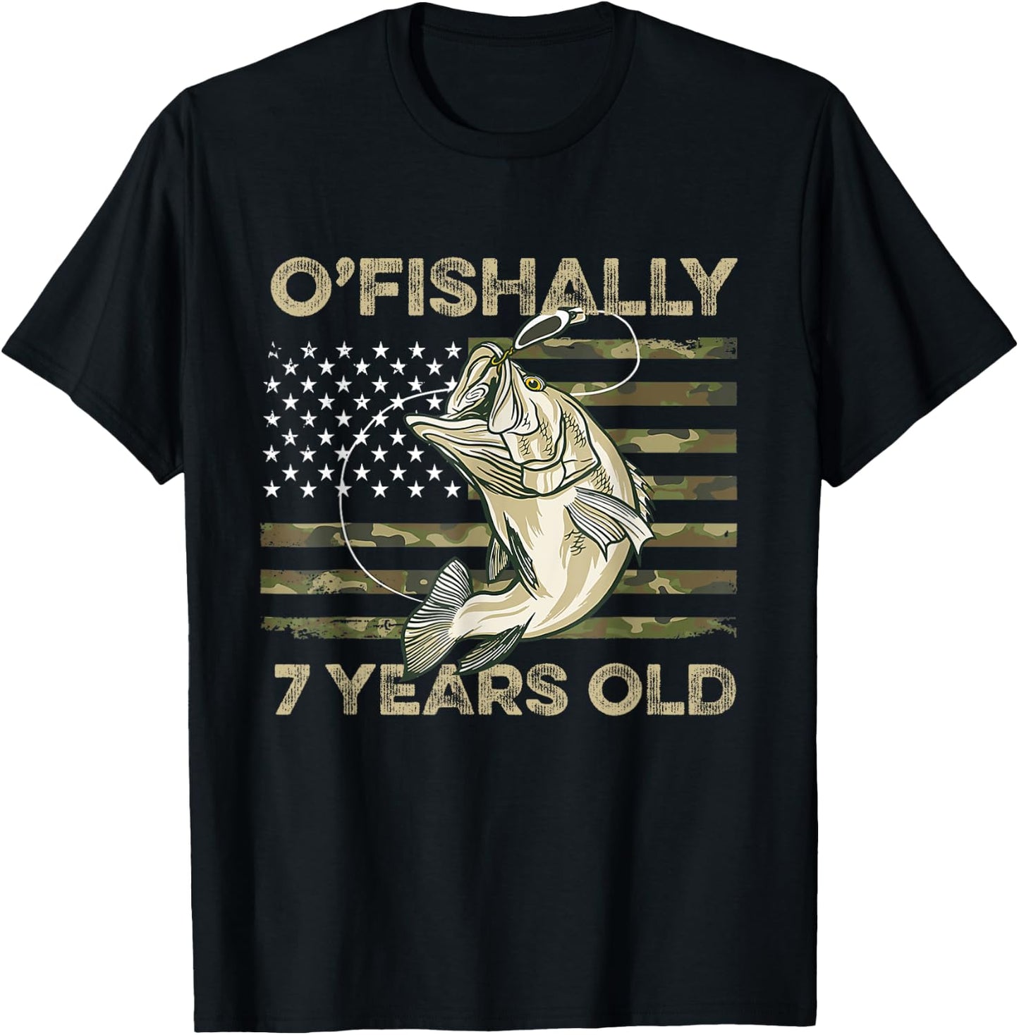 Ofishally 7 Year Old Shirt 7th Birthday US Flag Fishing T-Shirt - T-Shirt | Black