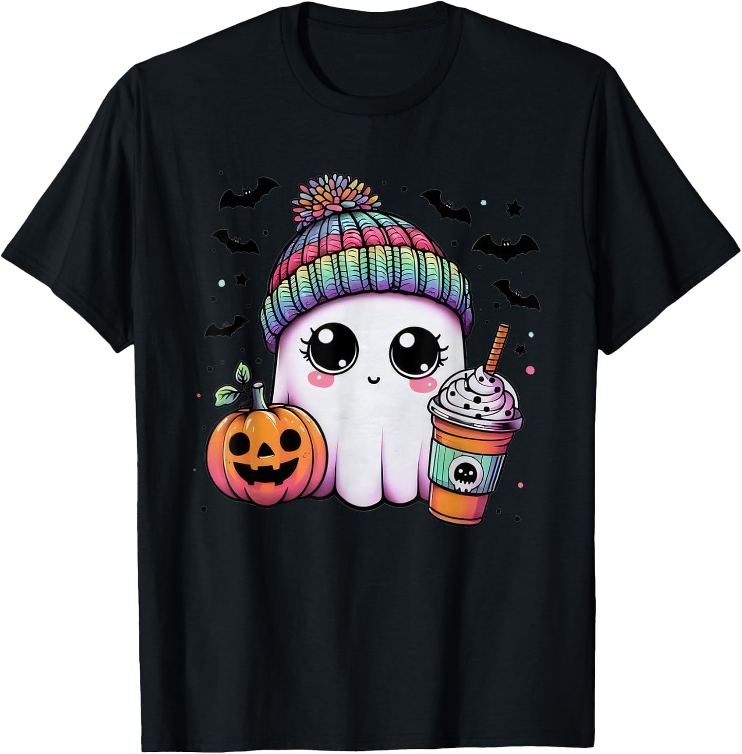 Cute Ghost Drinking Coffee Halloween Ghost Ice Coffee T-Shirt - T-Shirt | Black