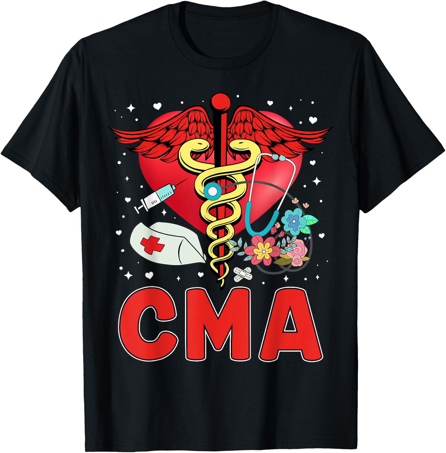 Cute CMA Shirt Caduceus Stethoscope Heartbeat T-Shirt - T-Shirt | Black