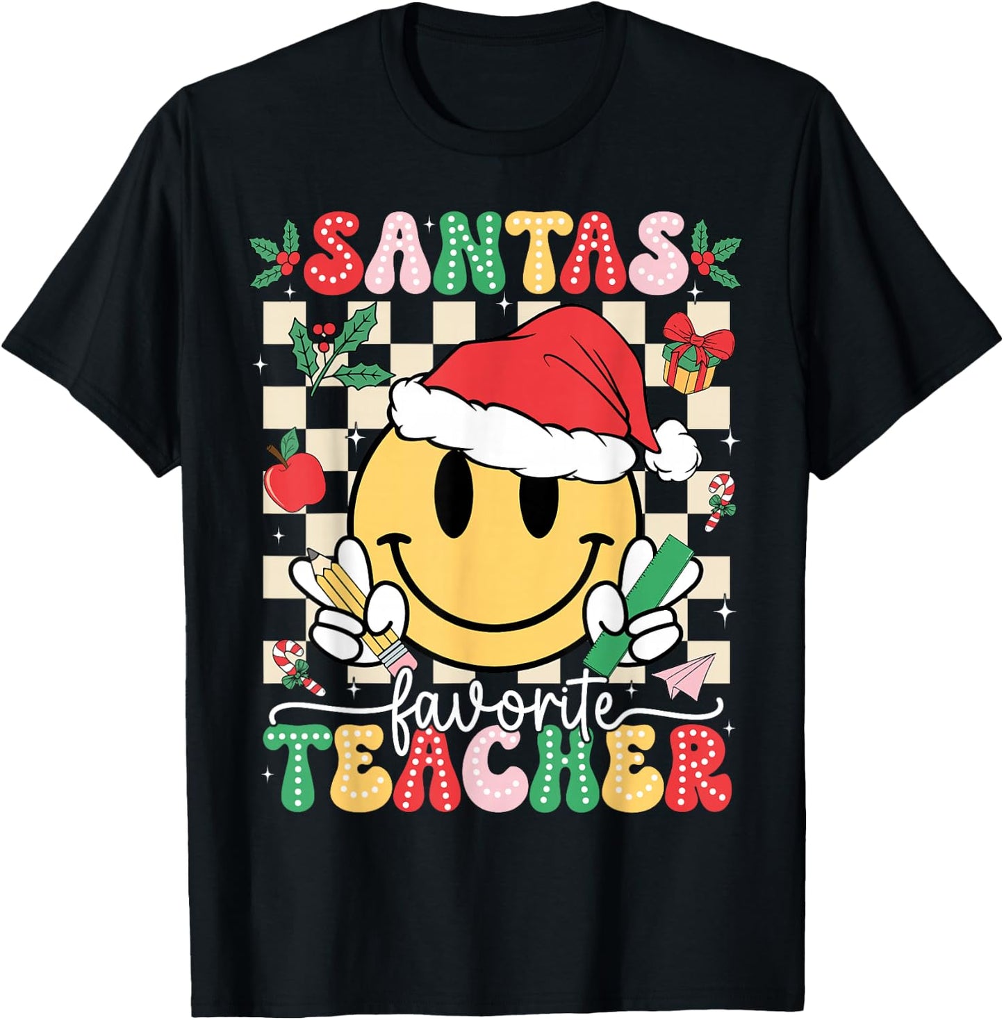 Santas Favorite Teacher Retro Groovy Smile Face Christmas T-Shirt - T-Shirt | Black